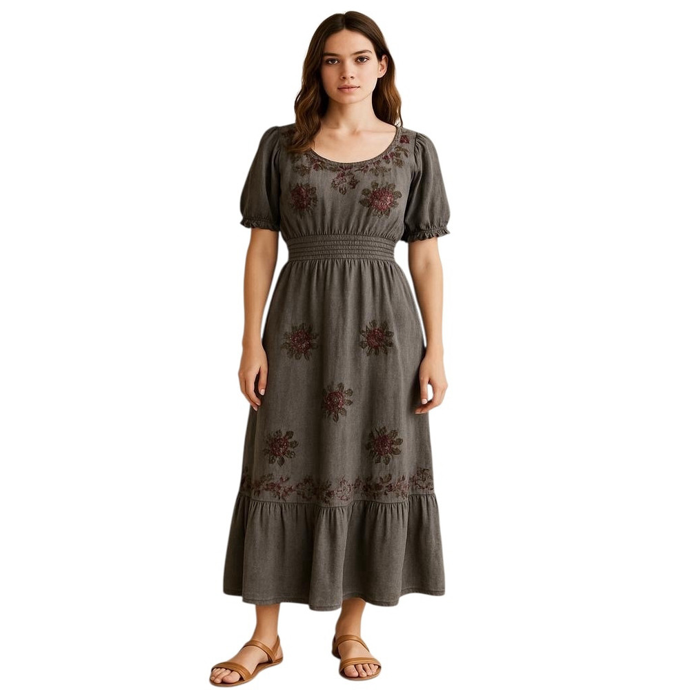 Maxi Dress XXL Gray Hippie Embroidered Boho Tiered Puff Sleeve Cottagecore NWT